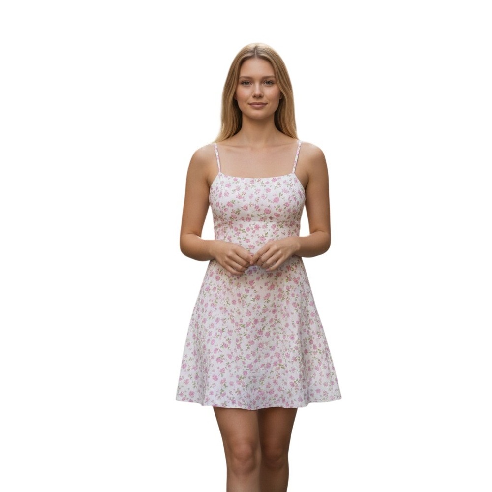 Elodie Women Pink Floral Smocked Back Mini Dress Adjustable Straps L ELYD3107